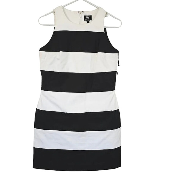 NWT W‎ by Worth Black Dress 2 White Stretch Cotton Twill Stripe Cutaway Mini - Picture 1 of 11